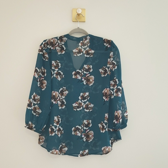 LOFT Floral Sheer Peasant Blouse Small Teal Brown Smocking Office Work Career - Picture 5 of 10